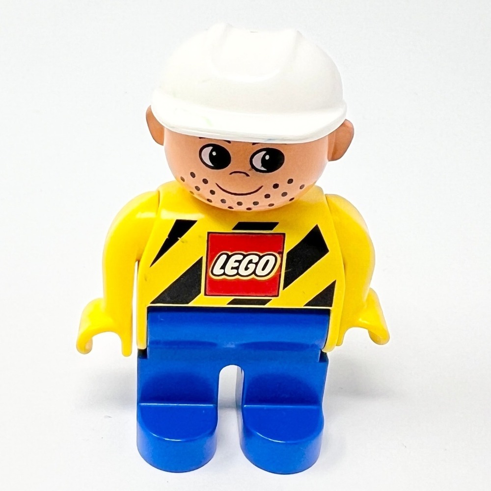 LEGO Duplo Construction Worker Minifigure Yellow Hazard Logo White Hard Hat Blue
